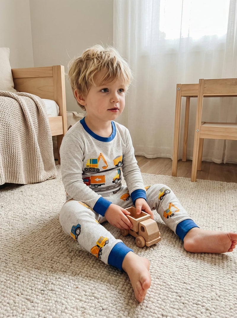 Popshion Boys Pajamas Truck 100% Cotton Construction Pjs Toddler 2 Piece Long Sleeve Sleepwear Kids Christmas Clothes Set 4t - Image 2